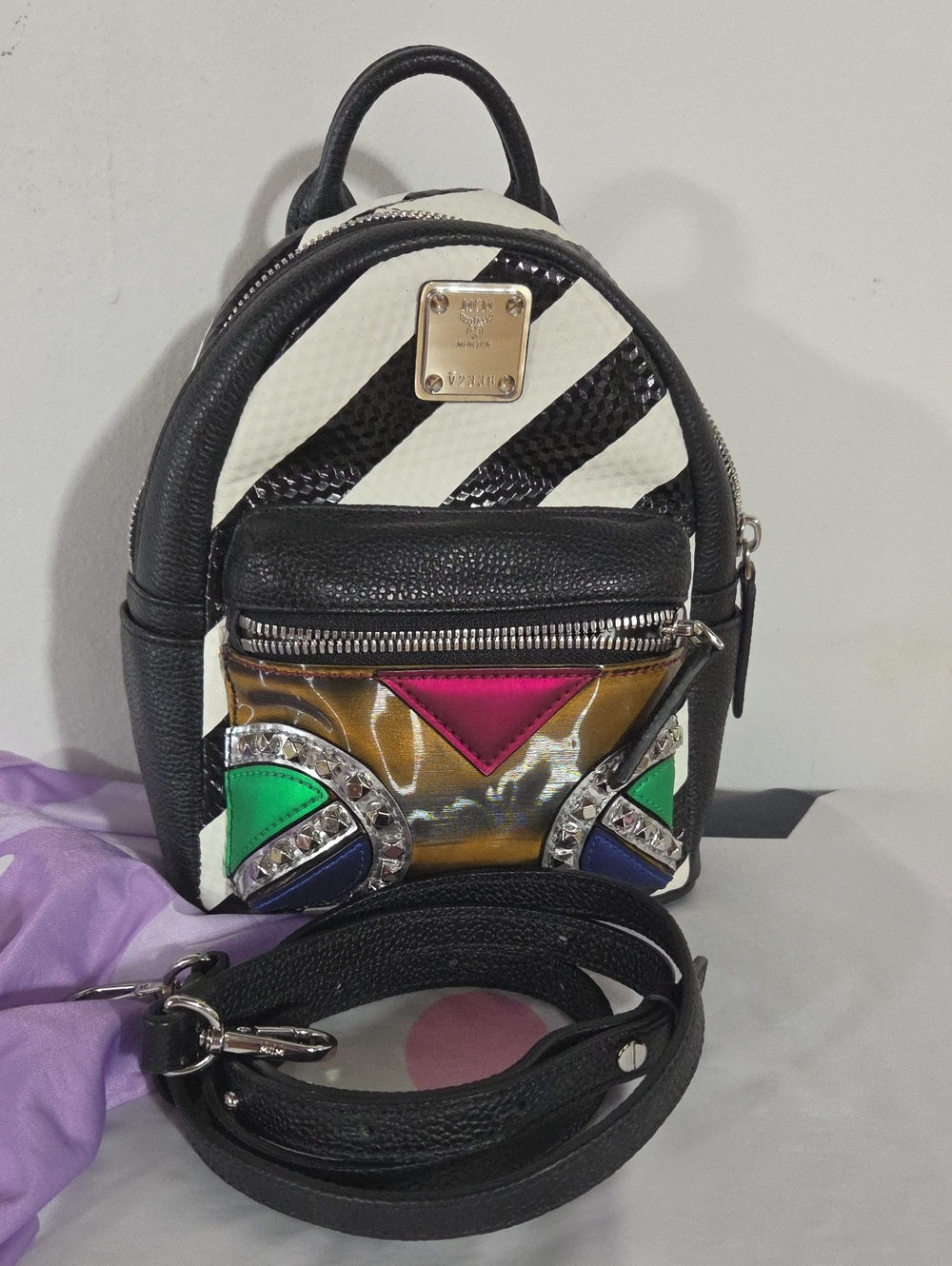 MCM X-Mini Stark Striped Roboter Mixed-Media Backpack(Auth.)